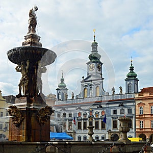 Samsons Fountain and Town Hall on the Main Square at Ceske Budejovice Czech republic